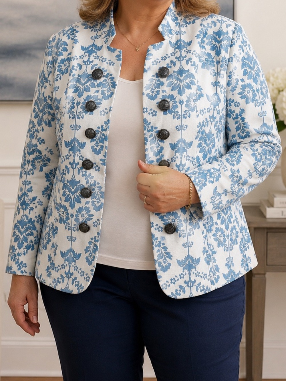 SHEIN Blazer Jacket White Light Blue Floral Damask silver military buttons 2XL